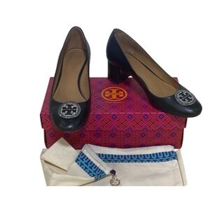 Tory Burch Liana 45mm Pump Women 10 Black Good Crystal Logo Leather Block Heel